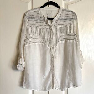Chico’s beaded tunic tab sleeve blouse Medium